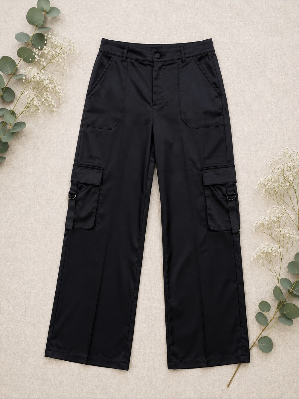 NWT Black Satin Cargo Pants | Wide Leg Utility Chic | Street Style Luxe